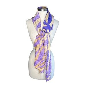 VT Luxe Elegant Purple and Tan Scarf Fringe Trim Geometric